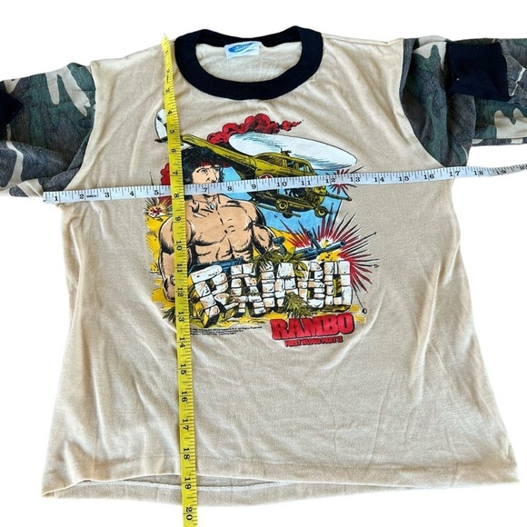VTG 80s Rambo First Blood Part II Top Camo Sleeves Sly Stallone Youth 16 Thin - Picture 11 of 15